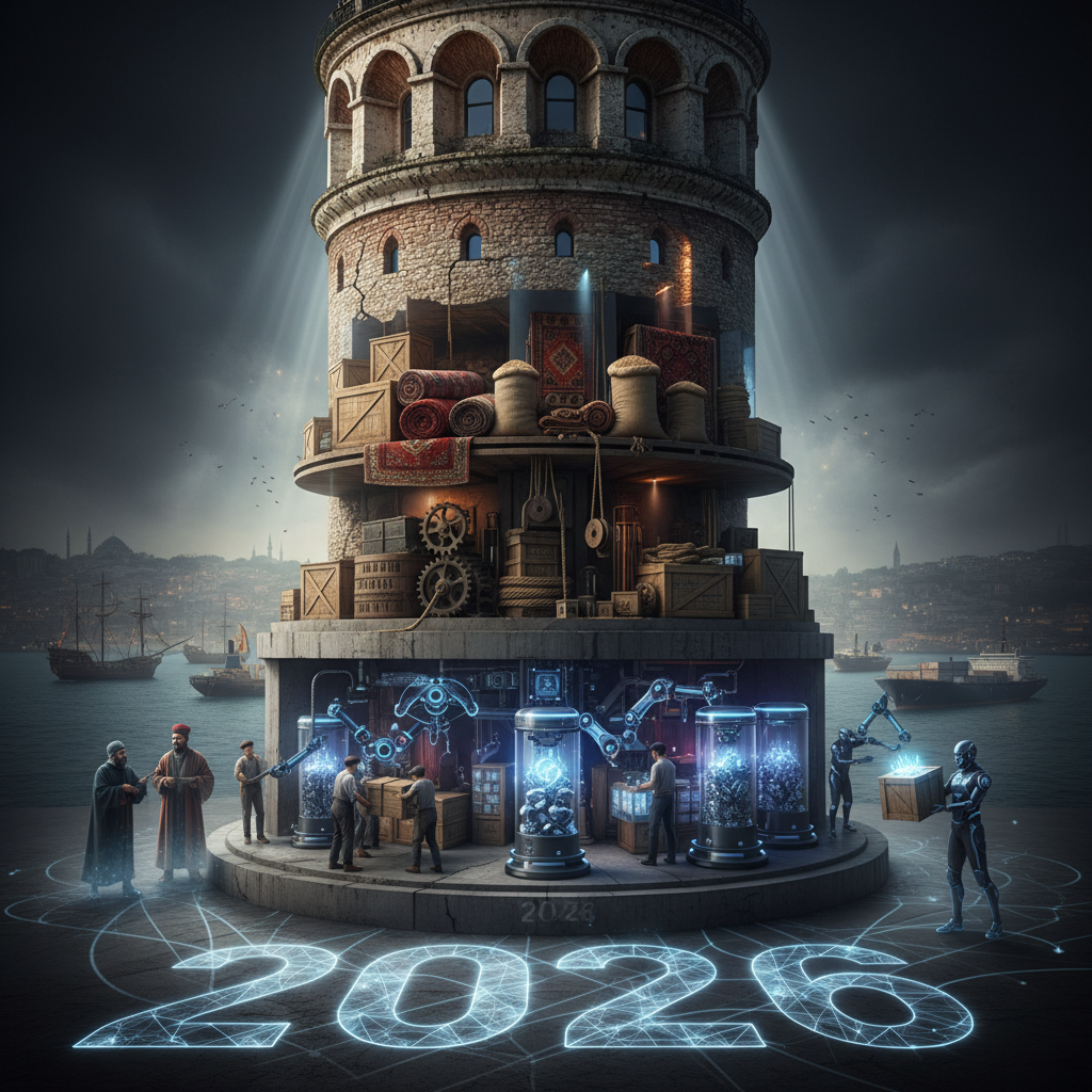 Galata Tower, an iconic Istanbul landmark, once served as a warehouse and storage area, reflecting its historical role in the city's commercial and logistical past, visualized in 2026. Focus keyword: galata kulesi depolama.