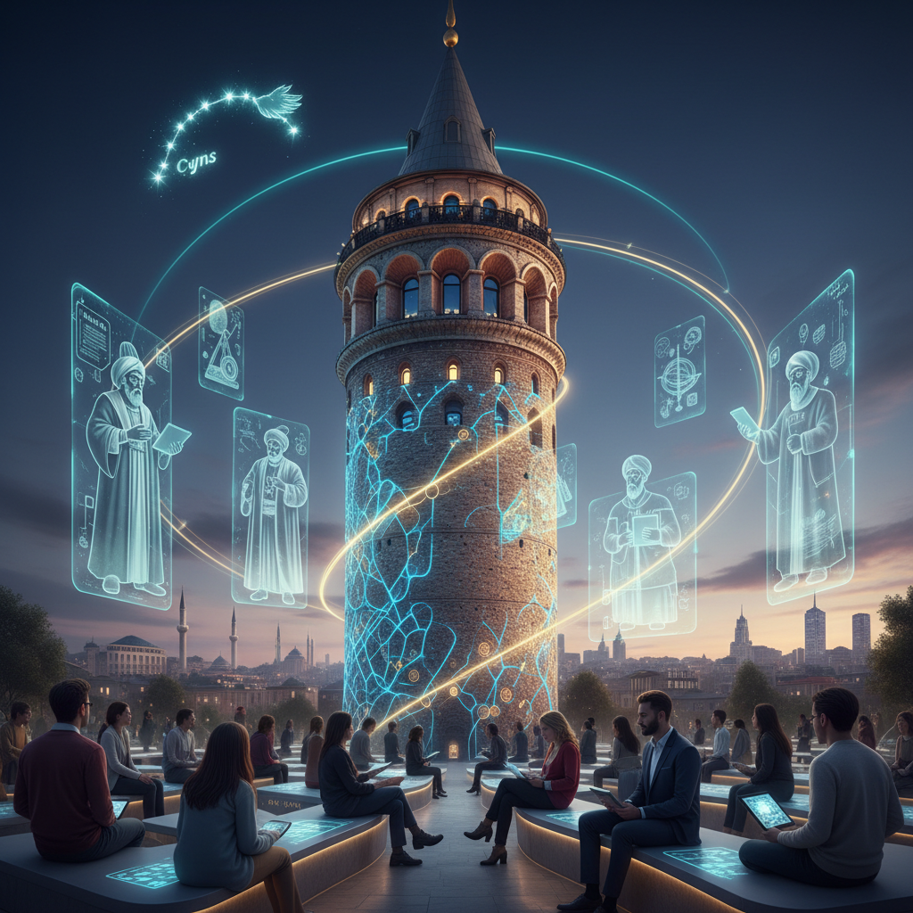 Galata Tower in Istanbul at sunset, symbolizing its historical role as a center for education and enlightenment, contributing to the city's philosophical and scientific heritage in 2026. The focus keyword is 'galata kulesi eğitim'.