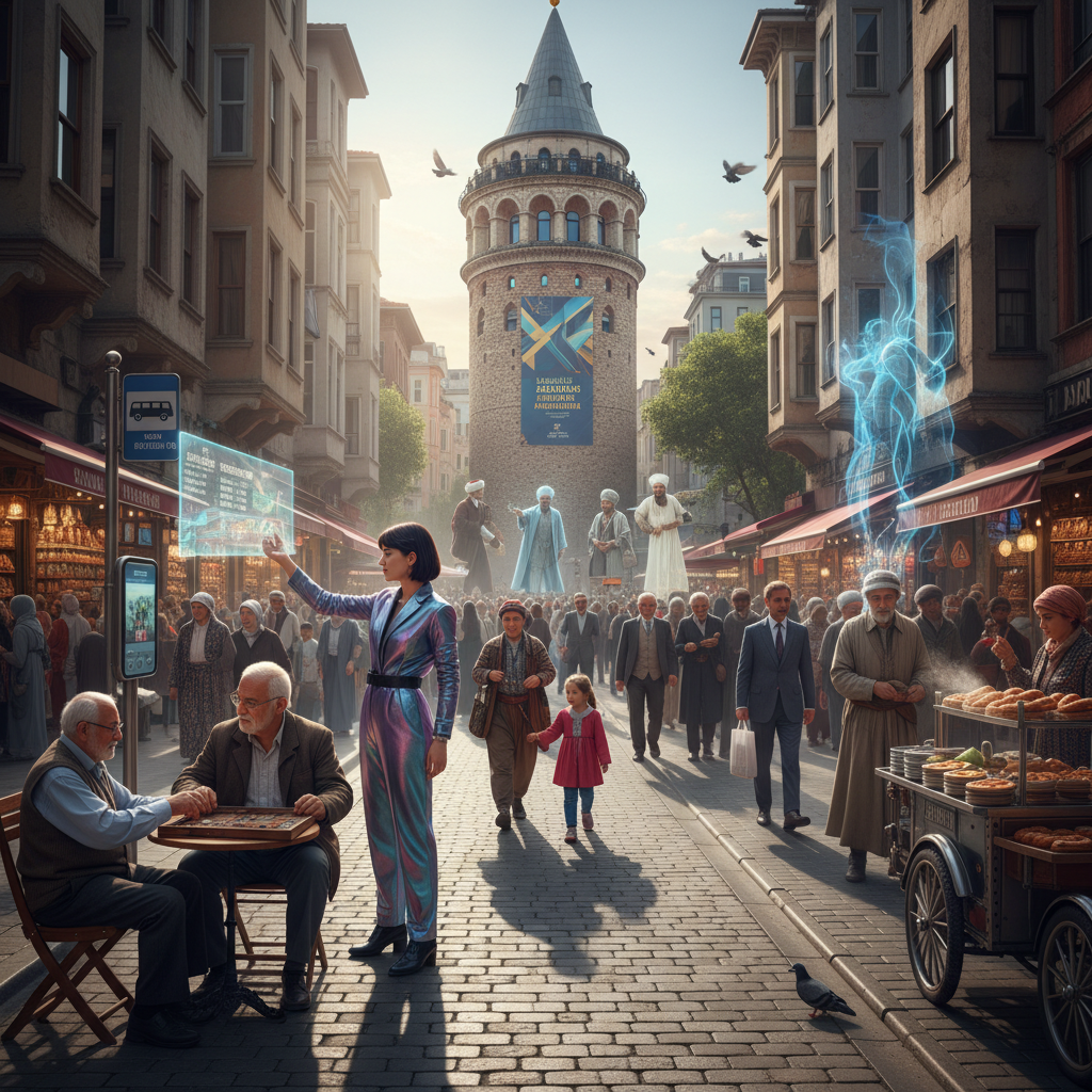 Galata Kulesi'nin 2026 yılında bir İstanbul manzarası içinde yükselişini gösteren, kule etrafındaki günlük yaşamın hareketliliğini yansıtan tarihi dokulu bir görsel. Odak: galata kulesi sosyal tarihi.