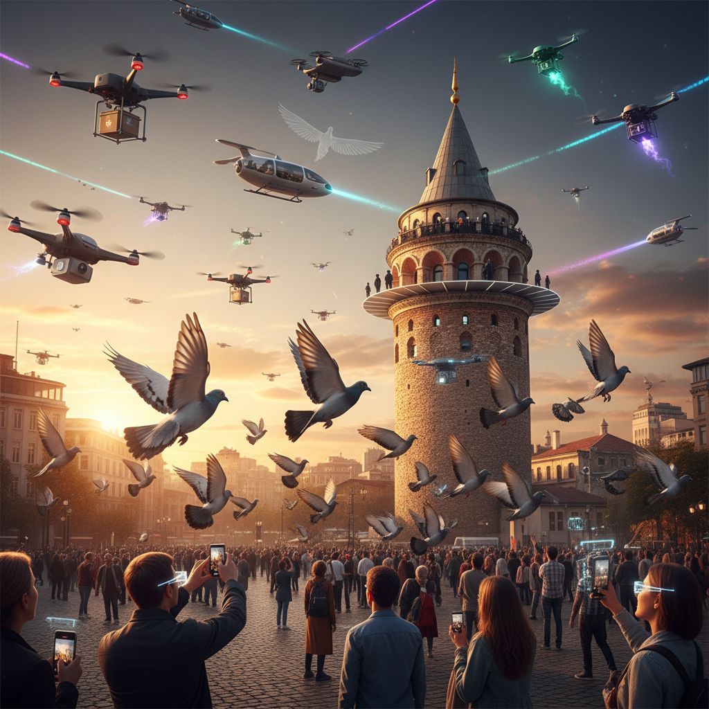 Galata Kulesi, 2026 yılında bile İstanbul semalarındaki hava trafiğini kontrol etmeye devam eden ikonik bir yapı. Güvercinlerden drone'lara kadar uzanan hava ulaşımının eşsiz bir sembolü.