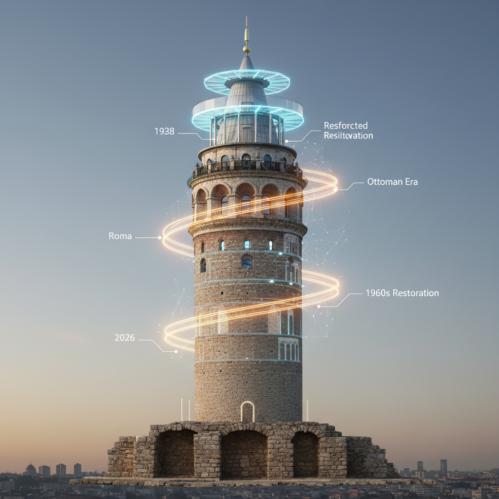 A captivating, artistic representation of Galata Tower (Galata Kulesi), an iconic Istanbul landmark, emphasizing its historical resonance and profound influence on art throughout the centuries, from past reflections to its ongoing artistic interpretations in 2026, with a focus on 'galata kulesi sanat'.