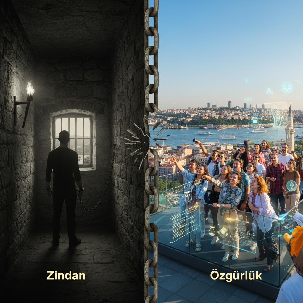 2026'da İstanbul'un tarihi siluetinde yükselen Galata Kulesi, geçmişte bir zindan olmasına rağmen günümüzde özgürlük ve adaleti simgeliyor.