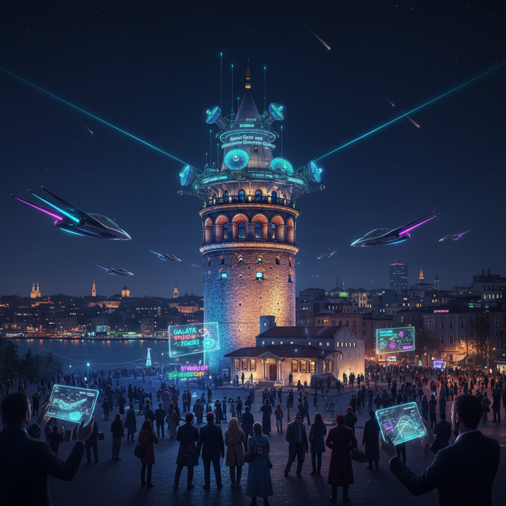 Galata Tower, illuminated against a night sky, with a futuristic, ethereal glow, symbolizing its connection to space exploration and tourism in 2026, bridging ancient architecture with modern astronomical observation and cosmic travel. The scene hints at a 'space gate' concept with celestial bodies visible, highlighting 'galata kulesi uzay'.