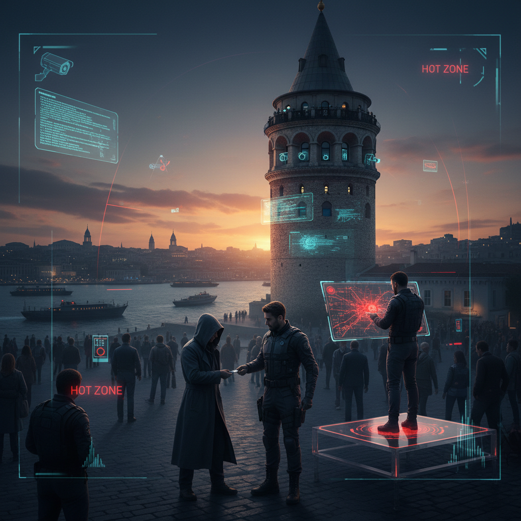 Galata Kulesi'nin gizemli atmosferinde, İstanbul'un kalbindeki tarihi casusluk operasyonlarını ve 2026 yılına uzanan istihbarat öykülerini anlatan bir illüstrasyon, gökyüzüne uzanan kule ve etrafındaki sisli İstanbul manzarası foreground'da, casus figürleri arka planda.