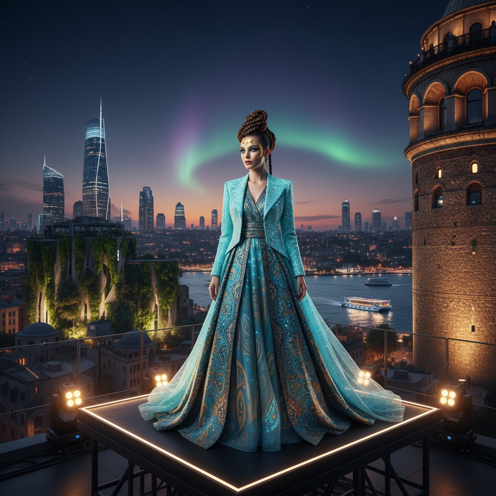 2026'da Galata Kulesi'nin silueti, İstanbul'un çağlar boyunca süren moda ve güzellik trendlerindeki etkisini vurgulayan sanatsal bir görsel. Galata Kulesi moda akımlarının eskimeyen ilham kaynağı.