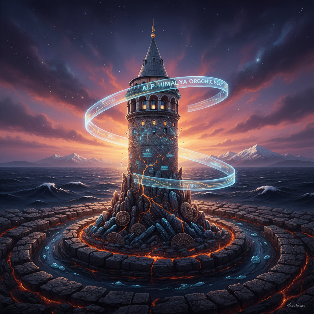 A majestic Galata Tower stands tall against a dramatic sky, illustrating its profound geological history from the Black Sea Basin to the Alpine-Himalayan belt. The image visually connects the tower with the deep geological forces shaping Turkey over millennia, highlighting the 'galata kulesi jeoloji' focus keyword in a historical and scientific context for 2026.