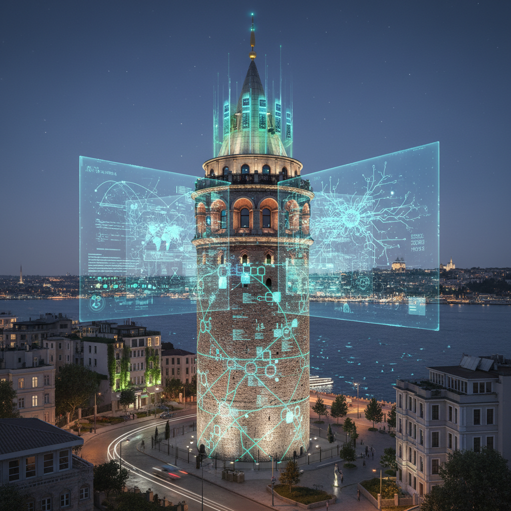 2026 yılında geleceğin vizyonunu yansıtan Galata Kulesi, dijital veri depolama ve yapay zeka gözlem merkezi olarak tasvir ediliyor. Teknoloji ile tarihin birleşimi, bilgi çağının anıtı.