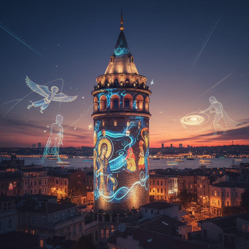 Galata Kulesi, İstanbul'da 2026'da ışık ve gölge oyunlarıyla sanatsal bir manifestoyu sergiliyor, tarihi yapı modern sanatla buluşuyor.