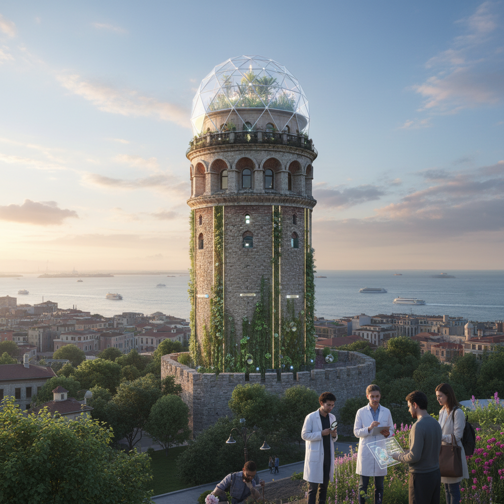 Galata Tower, a historic medieval stone tower in Istanbul, stands tall against a dramatic sky, symbolizing its role as a silent guardian on one of the city's seven hills. The image highlights its significance as a 2026 Climate Change and Natural Heritage Observation Center, blending architectural heritage with environmental awareness.