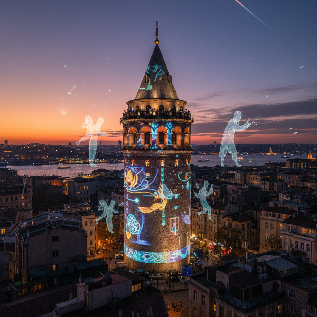 Iconic Galata Tower in Istanbul at dusk, illuminated against a vibrant sky, symbolizing centuries of musical history and its role as a 'music box' for the city's rhythms, in 2026.