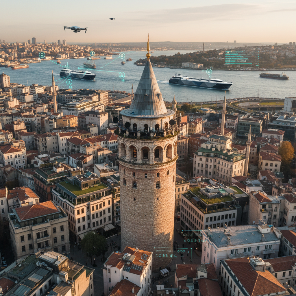 Galata Tower, historically a defense stronghold and watchtower for ships, now serves as a key observation and security center for Istanbul's ports in 2026, crucial for Galata Kulesi deniz güvenliği.