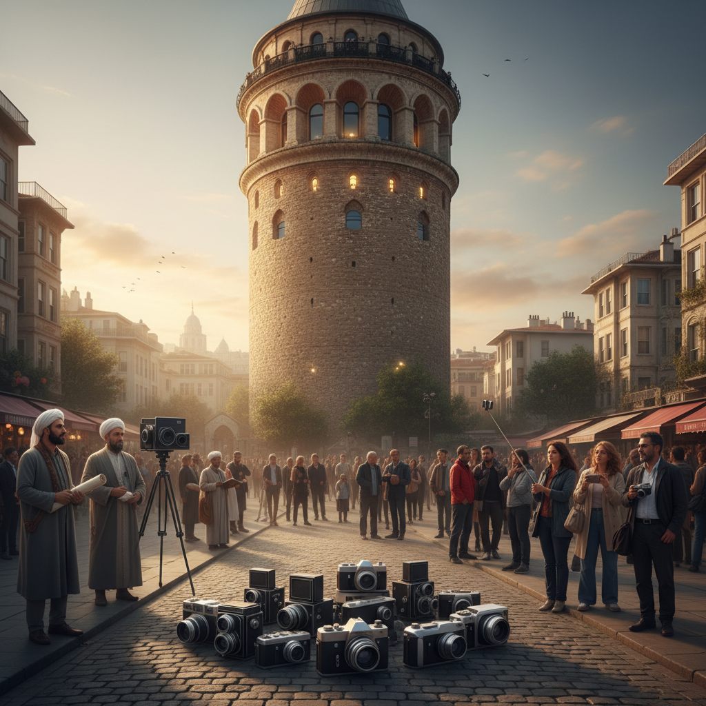 Historic panoramic shot from Galata Tower in 2026, showcasing Istanbul's old city charm and the tower's role as a 'past-time photographer' capturing memories and lens perspectives.