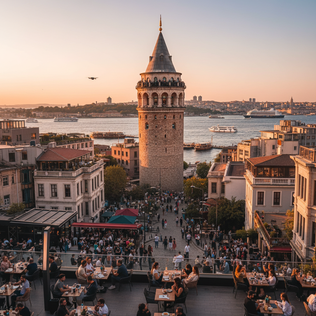 Galata Kulesi'nin zirvesinden İstanbul'un tarihi siluetini gösteren bir fotoğraf, zeminde 2026 yılına ait modern ve geleneksel unsurları harmanlayan canlı bir kahvehane kültürünü yansıtan kalabalık bir kafe alanı. Galata Kulesi kahvehane kültürü ve şehir manzarası.