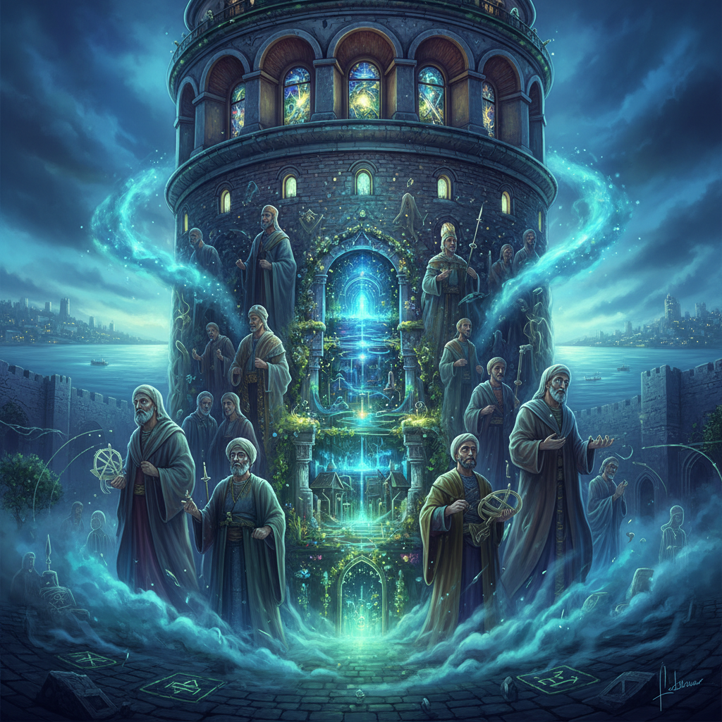 Galata Kulesi'nin mistik atmosferi, gökyüzüne uzanan taş duvarları ve etrafındaki tarihi İstanbul manzarası. Kule, 2026 yılı itibarıyla hala efsanelere ev sahipliği yapıyor.