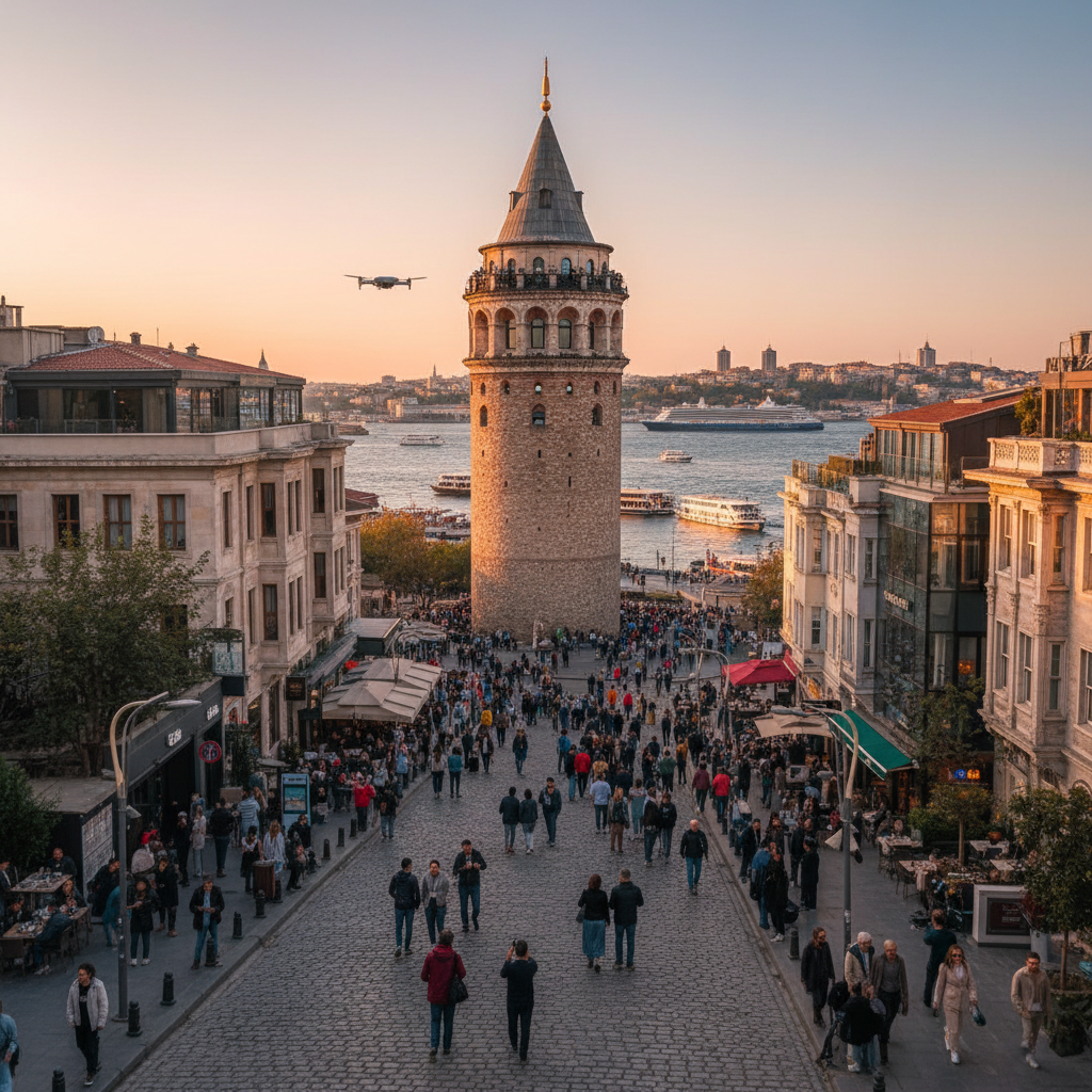 A majestic Galata Tower stands tall against the 2026 Istanbul skyline, reflecting its legendary 'Zero Point' status and central placement on historical maps, symbolizing its enduring importance as a cultural and geographical landmark.