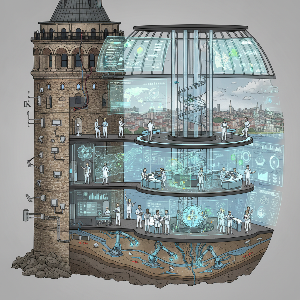 Galata Tower, an iconic historical landmark in Istanbul, stands majestically amidst a dynamic city skyline. The image suggests a scientific study on Istanbul's geographical transformation, exploring the impact of landslides and climate change on the region, with the Galata Tower serving as a focal point for understanding 'Galata Kulesi coğrafya' in 2026.