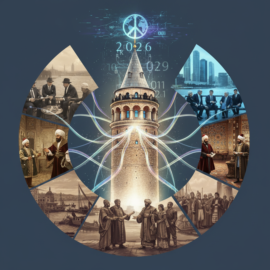 Historic Galata Tower in Istanbul, Turkey, silhouetted against a vibrant sunset, symbolizing its enduring role in international relations and diplomacy from its origins to 2026, with the Bosphorus Strait in the background.