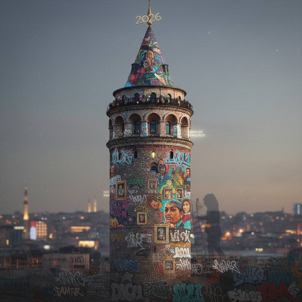 Galata Kulesi çevresindeki tarihi sokaklarda 2026 yılına ait modern duvar resimleri ve graffitiler; canlı renkleriyle İstanbul'un sanat tarihini yansıtıyor. galata kulesi sanat tarihi