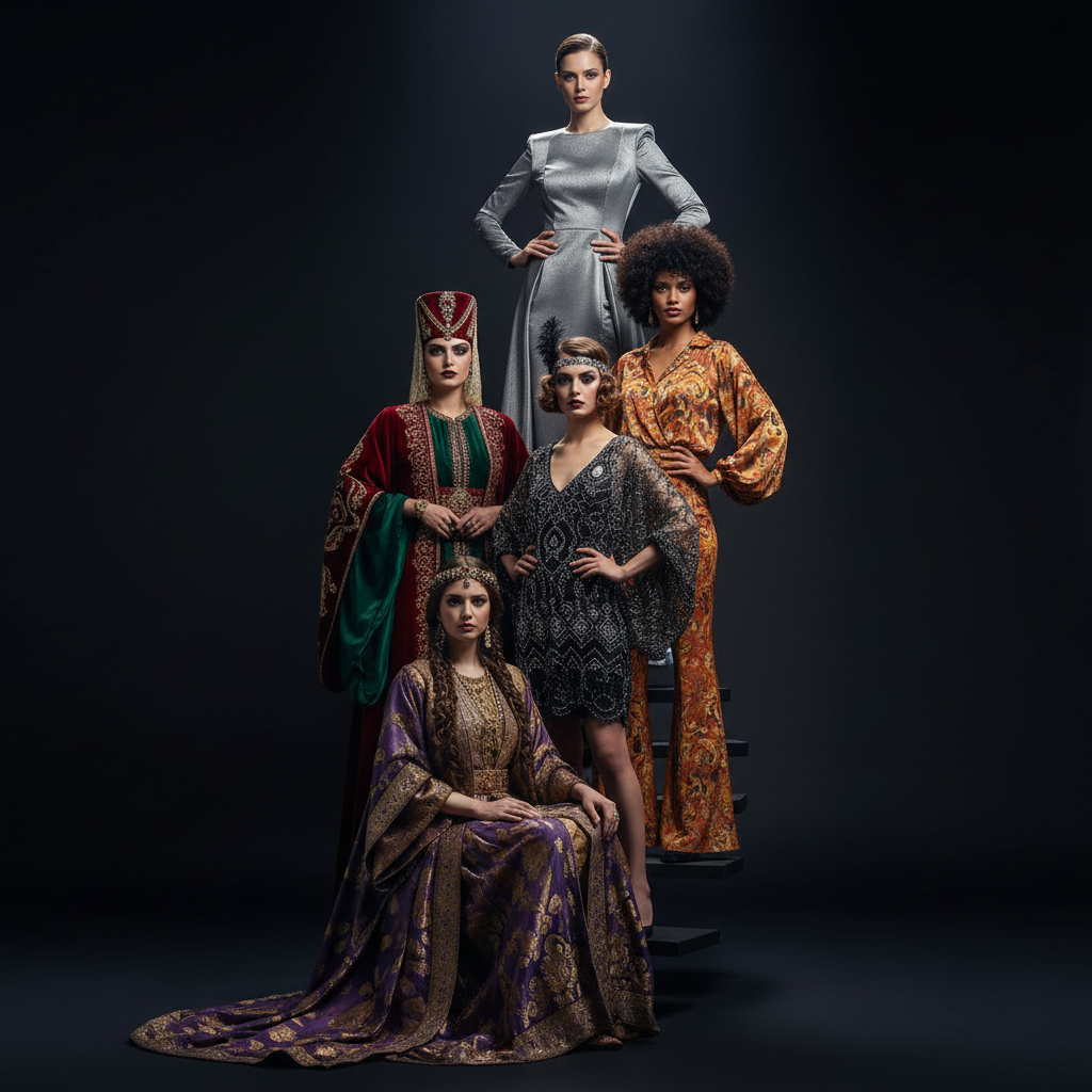 Galata Kulesi önünde, 2026 yılından günümüze farklı yüzyılların moda ve güzellik anlayışını yansıtan kostümlü mankenler, Galata Kulesi moda tarihi temalı bir görsel.