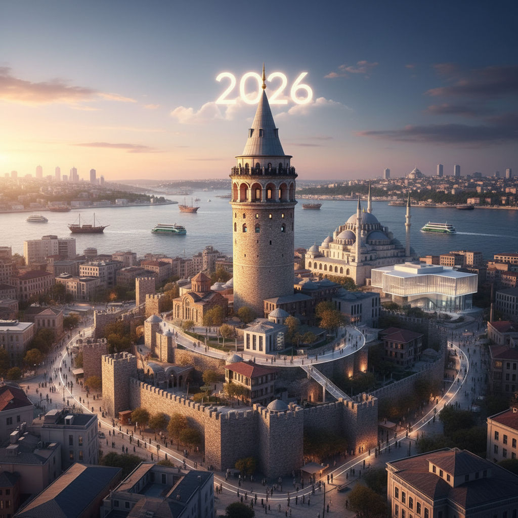 2026'da Galata Kulesi'nin tarihi dokusunu ve modern sağlık trendleriyle birleştiğini gösteren sanatsal bir görsel. Kulenin mistik silueti ön planda, gökyüzünde ise şifalı bitkiler ve medikal semboller beliriyor. Galata Kulesi, geçmişten günümüze bir sağlık ve gözlem merkezi olarak tasvir ediliyor. Anahtar kelime: Galata Kulesi sağlık.