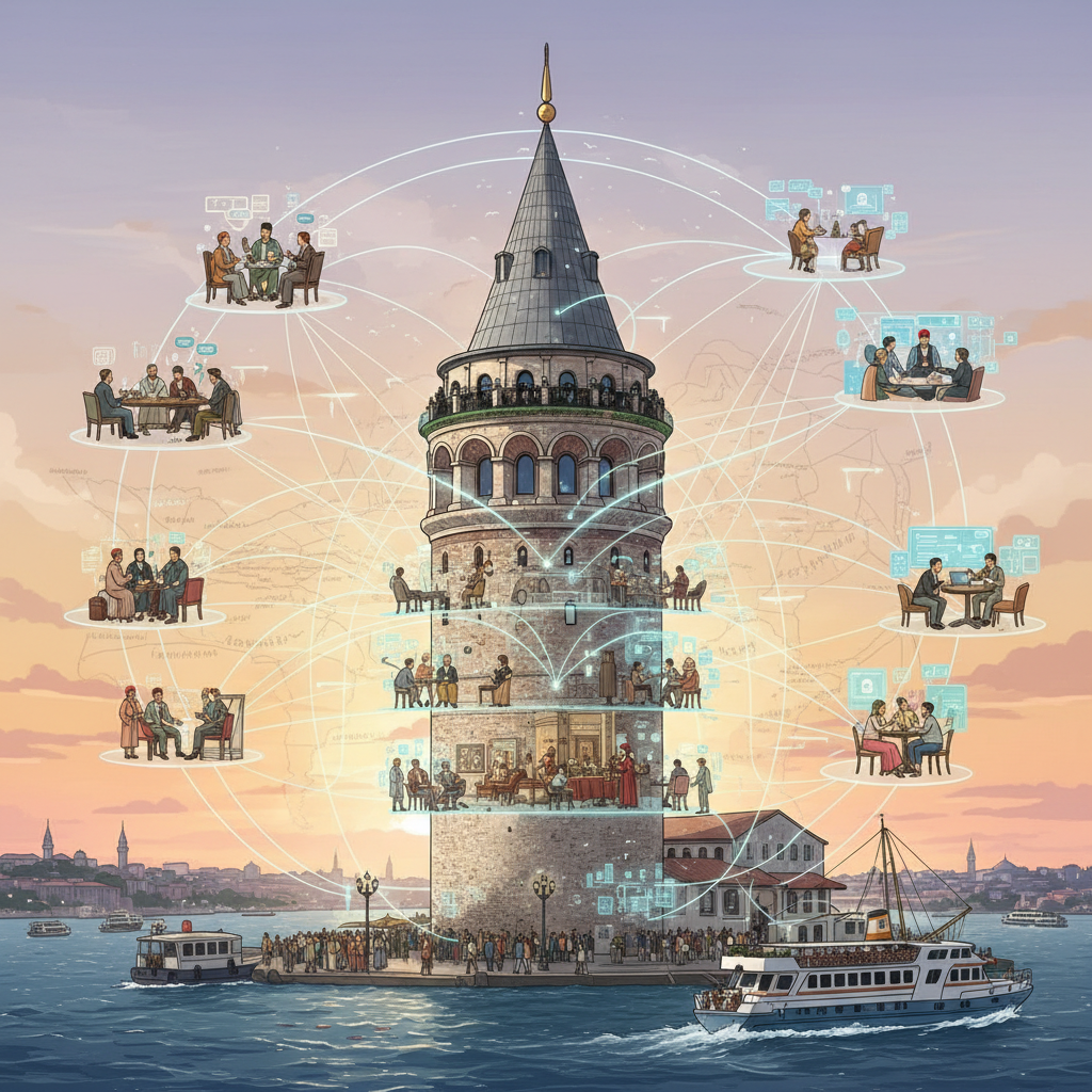Galata Kulesi, 2026'da İstanbul'un tarihi silüetinde yükselirken, yüzyıllardır süregelen sosyal ağ ve küresel iletişim merkezi rolünü vurgulayan bir bakış. Focus: galata kulesi sosyal ağ