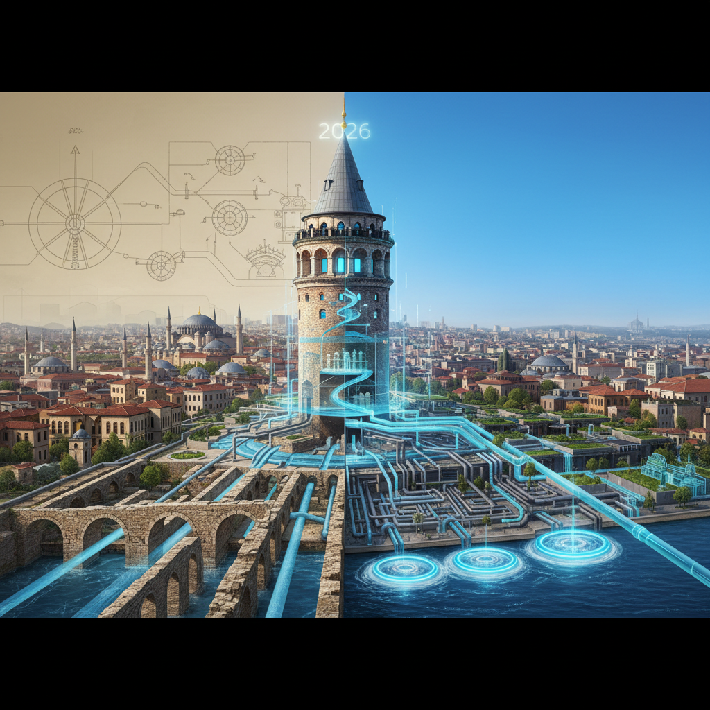 Historic Galata Tower in Istanbul, illuminated at dusk, symbolizing centuries of water management and unknown infrastructure stories from its past to 2026, with a focus on galata kulesi su yönetimi.