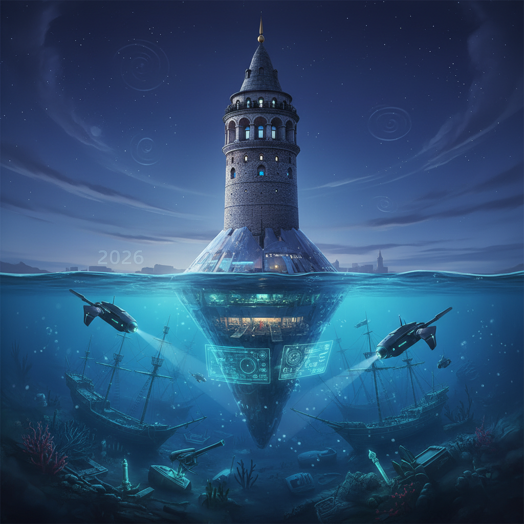 Illustration depicting the Galata Tower in Istanbul, Turkey, with an imaginary underwater section revealing ancient shipwrecks and submerged secrets of the Golden Horn, emphasizing 'galata kulesi sualtı sırları' in 2026.