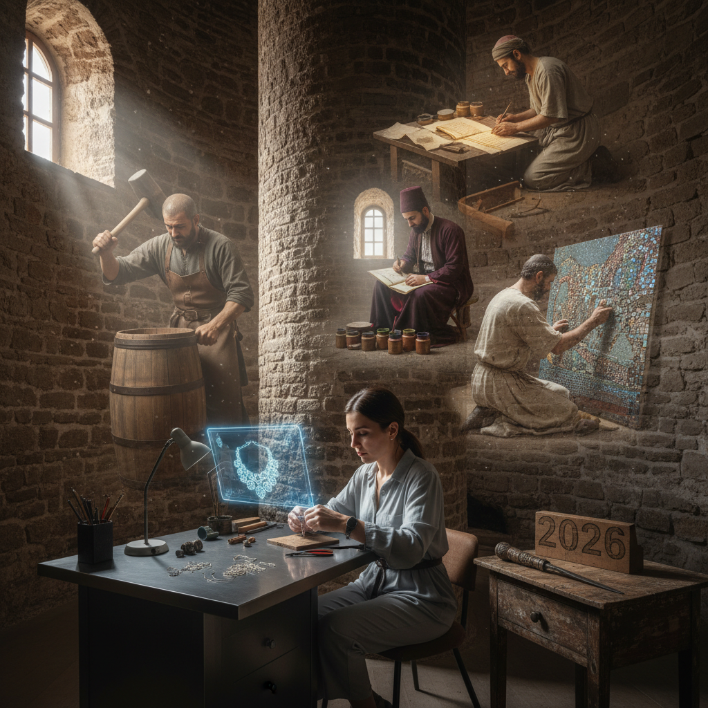 Historic Galata Tower in Istanbul, Turkey, symbolizing centuries of artisan craftsmanship and mastery, connecting past traditions to contemporary creations in 2026, focusing on Galata Tower artisanship.