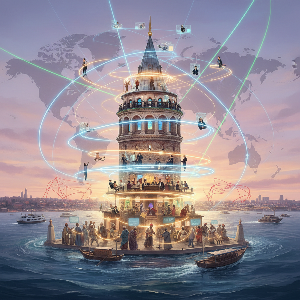 A vibrant digital artwork of Istanbul's Galata Tower, reflecting artistic evolution from traditional painter's brushes to modern 2026 digital art, highlighting Galata Tower art. The historic tower is reimagined with contemporary artistic styles.