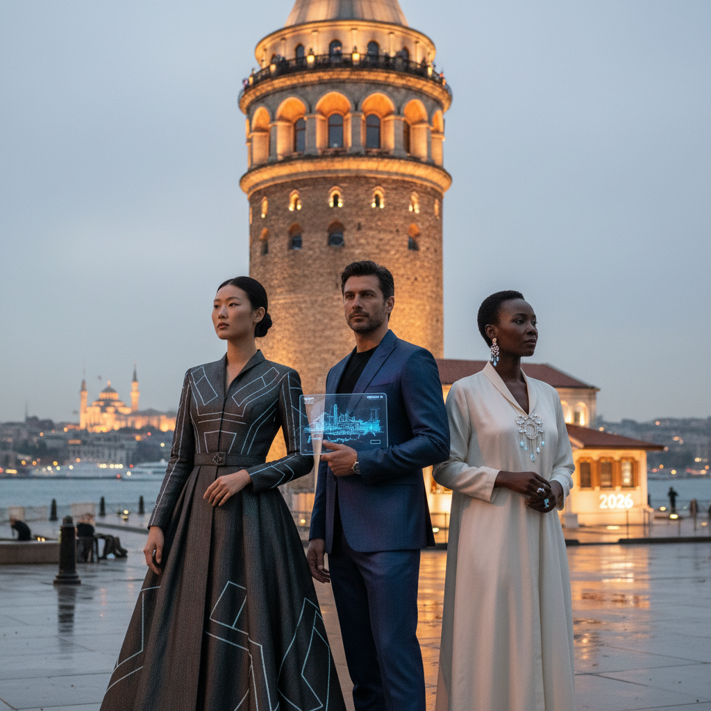 Galata Kulesi, 2026'da zarif bir İstanbul silüetinde yükselirken, manzaraya hakim, etrafında modern ve şık giyimli insanlar, ikonik yapının yüzyıllık moda ve stil etkisini vurguluyor.