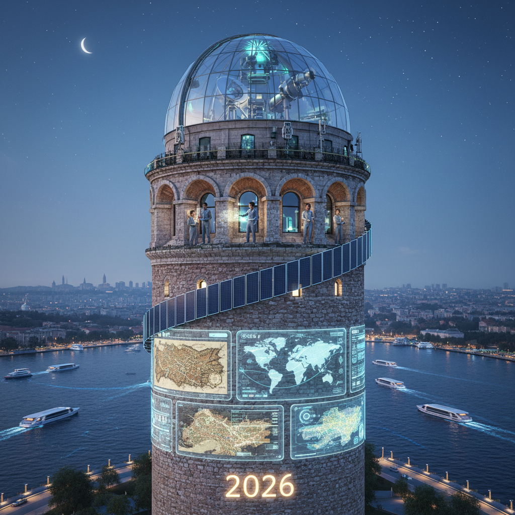 2026'da Galata Kulesi'nin tarihi misyonunu vurgulayan, jeodezi ve haritacılık araştırmaları için bir bilim laboratuvarı olarak tasvir edildiği geniş açı bir fotoğraf. Kule, modern İstanbul silüetiyle bütünleşmiş durumda.