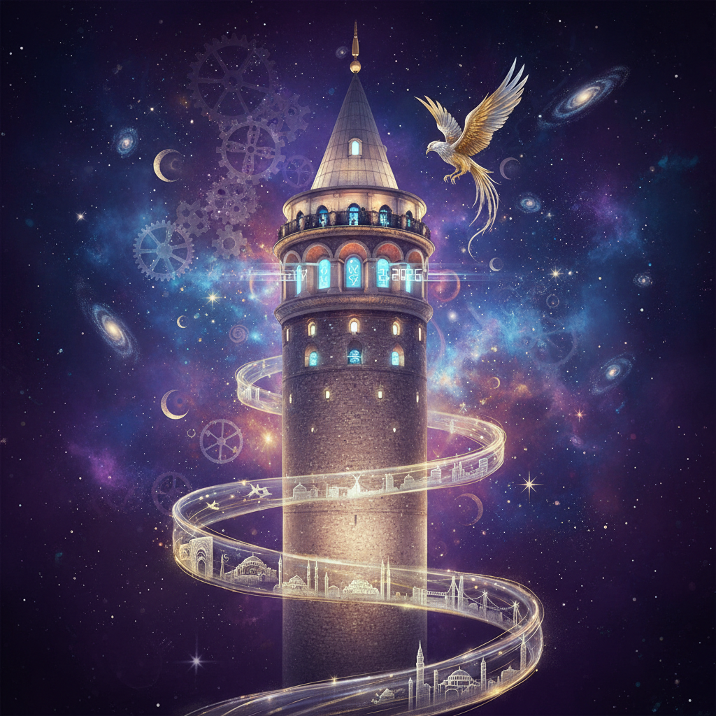 Historic Galata Tower towering over Istanbul, its clock faces prominently displayed, symbolizing its role as a 'time keeper' throughout centuries and in 2026, against a dramatic sky.