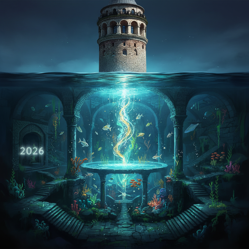 Galata Kulesi'nin İstanbul'daki yeraltı tünelleri ve bilinmeyen antik sarnıçlarını gösteren mistik bir görsel, 2026 yılı araştırmalarına odaklanıyor. Galata Kulesi yeraltı sırları.