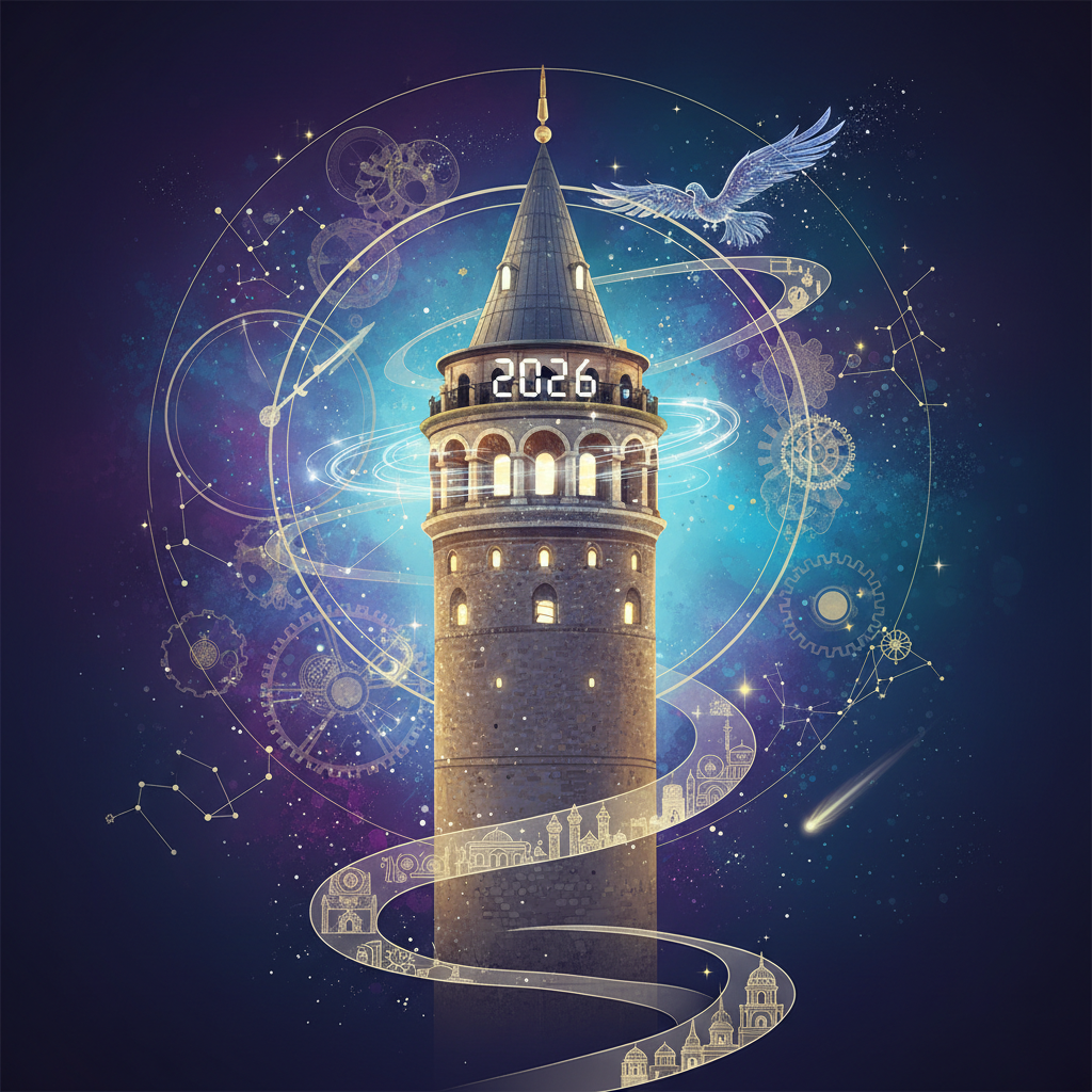 Galata Tower rising majestically against a vibrant Istanbul skyline at sunset, symbolizing its mystic guide role in the city's spiritual and esoteric landscape of 2026. The focus keyword 'galata kulesi mistik' is central to this captivating view.