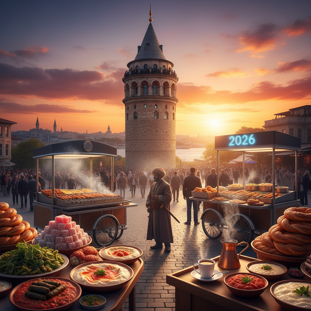 Galata Tower, a historic culinary landmark in Istanbul, showcasing centuries of gastronomic heritage. Illuminated at night, it invites exploration of its unknown culinary history and 2026 gastronomy guide, highlighting its role in Istanbul's vibrant food scene, with a focus on Galata Kulesi and gastronomy.