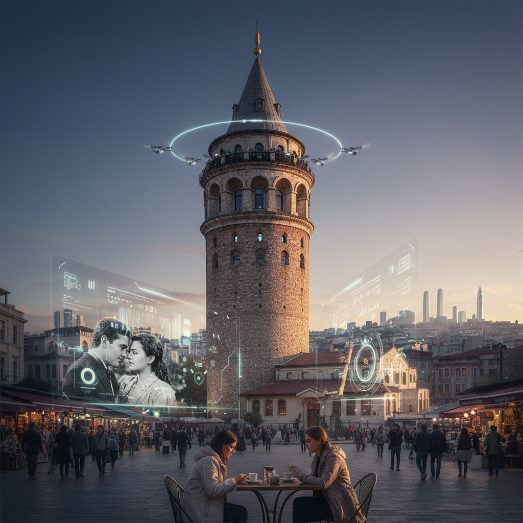 Galata Tower, a historic landmark in Istanbul, beautifully illuminated at dusk, symbolizing its enduring presence in cinema and digital media in 2026. The focus is on 'galata kulesi sinema' and Istanbul's cinematic legacy.