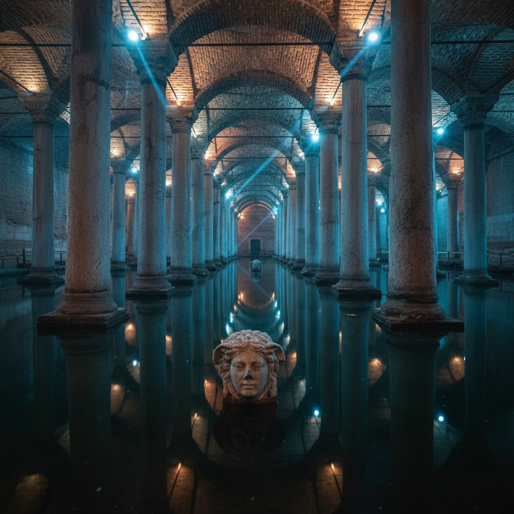 Intriguing photograph showcasing the ancient underground cisterns of Istanbul, revealing hidden chambers and historic architecture, emphasizing Istanbul's underground secrets.