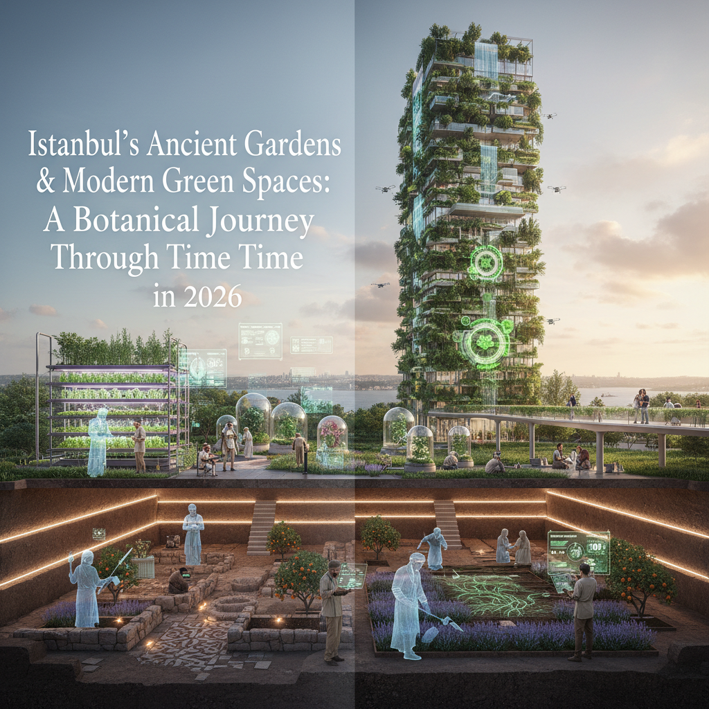 A vibrant panoramic view showcasing the seamless blend of Istanbul's ancient Ottoman gardens with their intricate floral patterns, and modern, sustainable green spaces featuring contemporary landscaping and pathways, all under a clear blue 2026 sky, illustrating a botanical journey through time. Focus keyword: Istanbul ancient gardens.