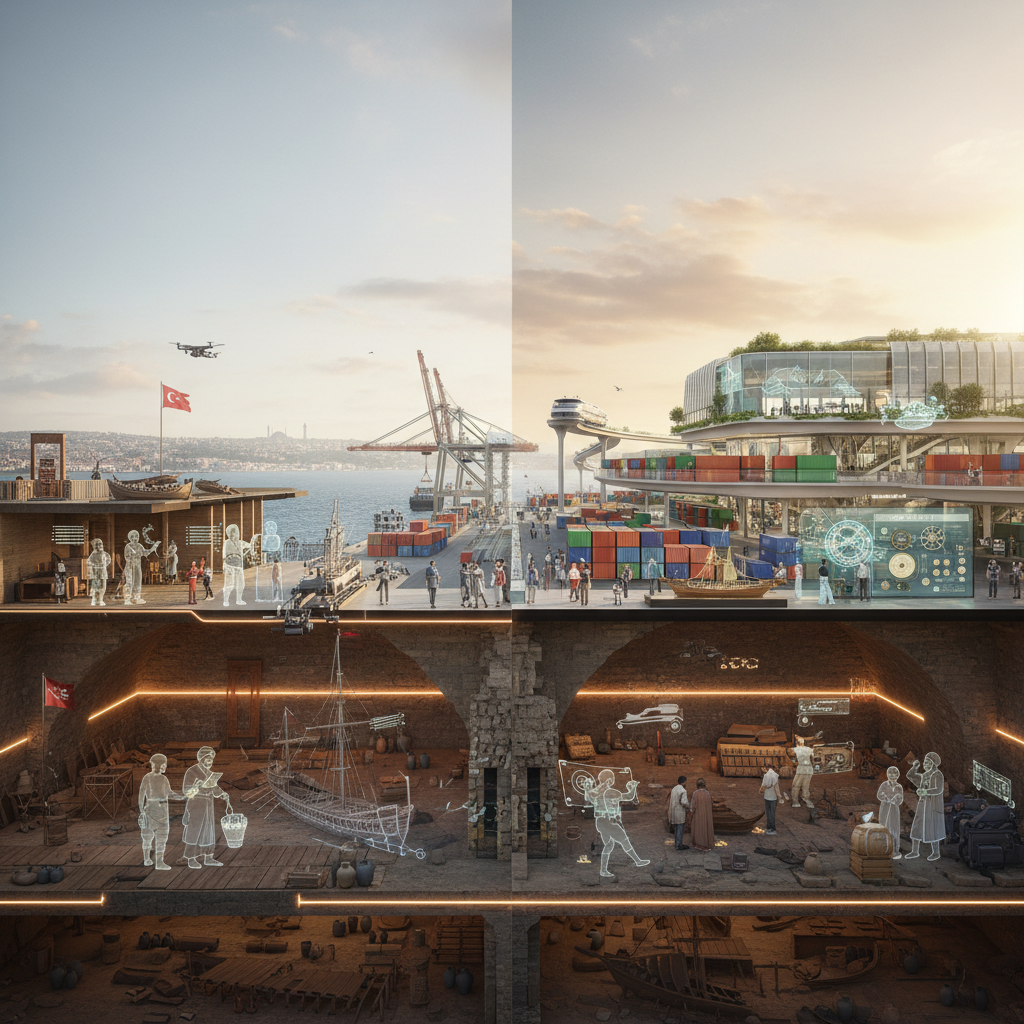 Detailed illustration of ancient Istanbul harbors in 2026, showcasing ships, bustling docks, and the city's rich maritime history and seafaring legacy under a clear sky.