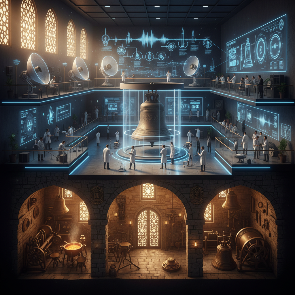 Historic bells of Istanbul silhouetted against a modern cityscape at sunset, symbolizing the ancient call to prayer's enduring and evolving resonance in 2026. Minarets are visible in the background, highlighting the blend of tradition and contemporary life in Istanbul.