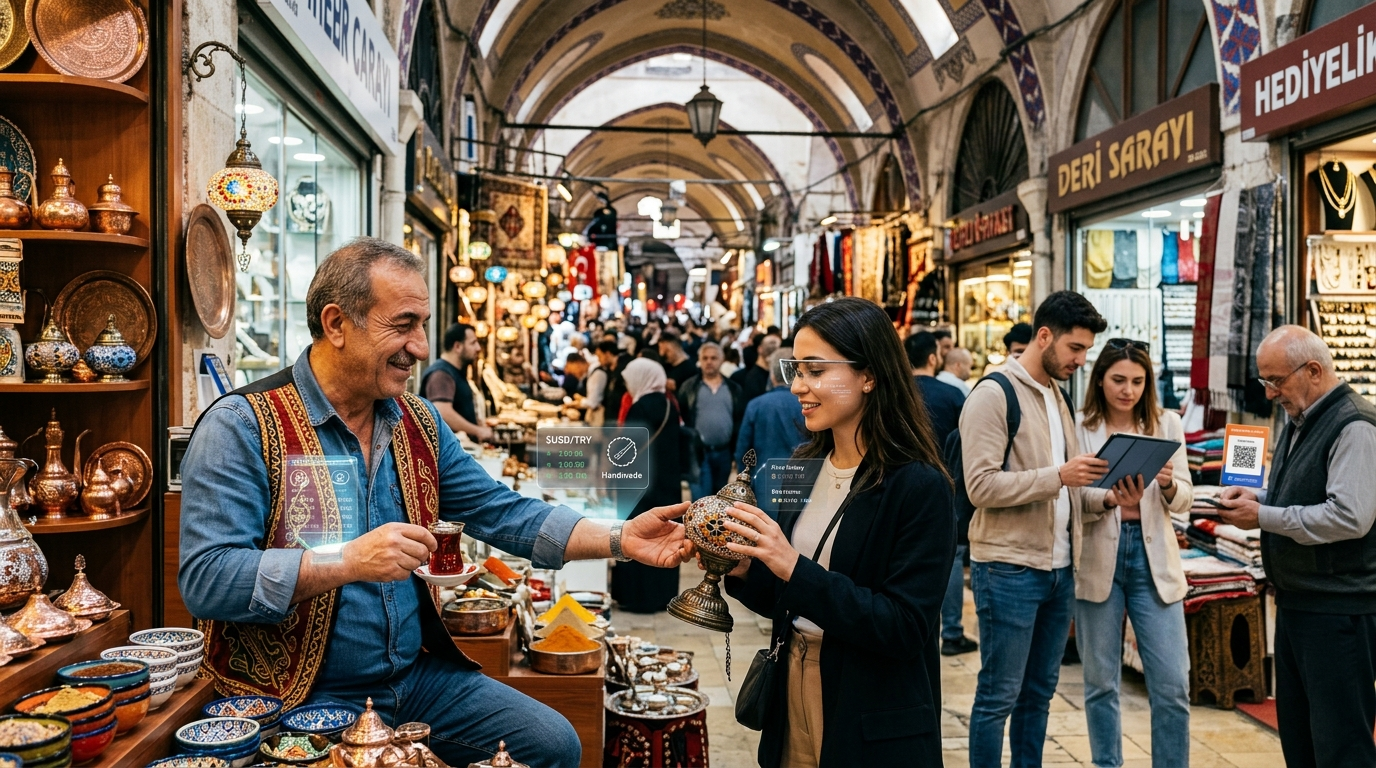 Tourists and a local merchant engaged in lively Istanbul bazaar negotiation, showcasing the vibrant bartering culture of 2026.