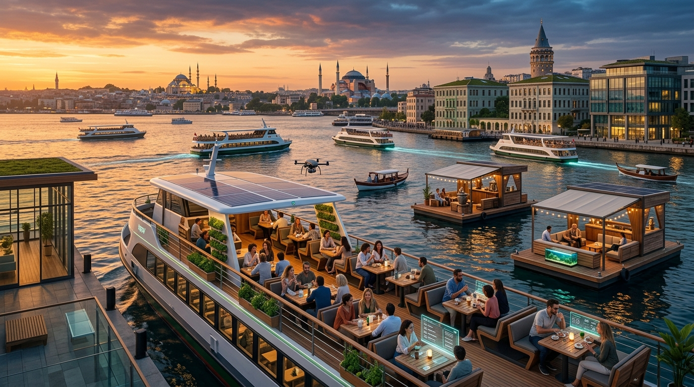 Patrons enjoying floating cafes on an Istanbul ferry, showcasing the city's vibrant 2026 ferry culture with scenic Bosphorus views.