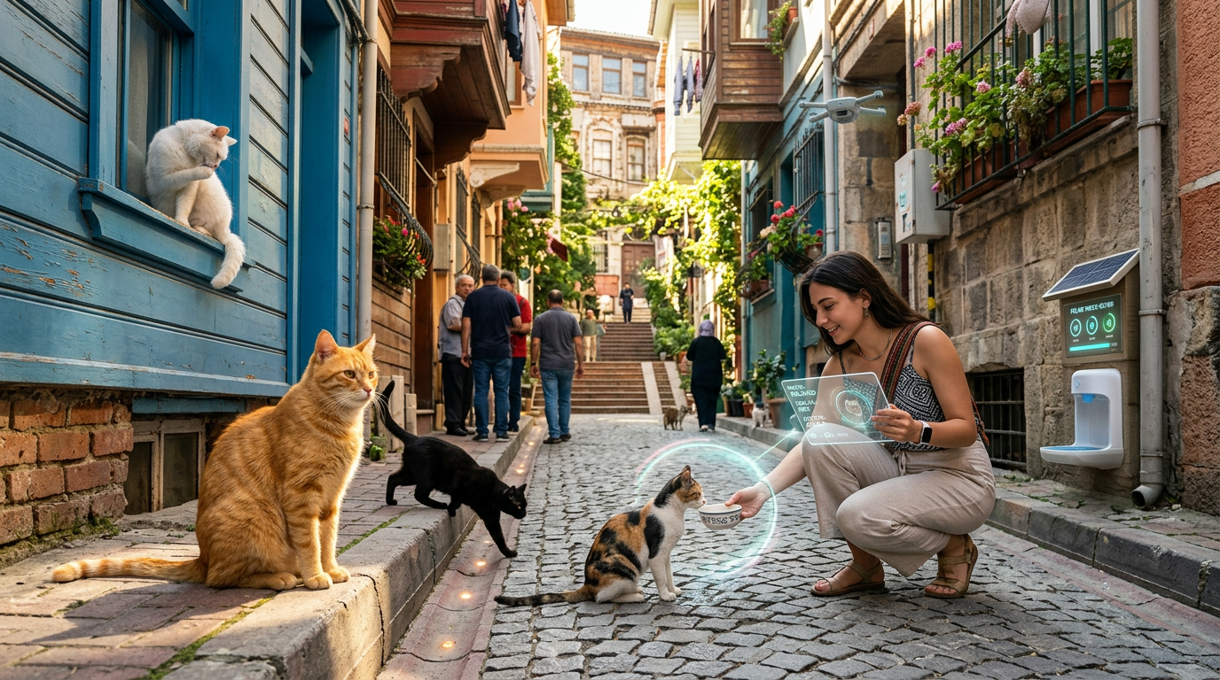 A beloved cat, emblematic of Istanbul's unique cat culture, confidently navigates a historic street, reflecting the city's reverence for its feline residents in 2026.