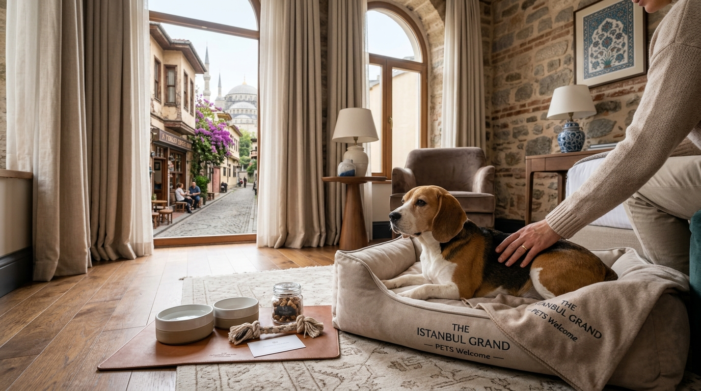 A happy small dog looks out a window from a comfortable room in a top pet friendly hotel in Istanbul, ready for 2026 adventures.