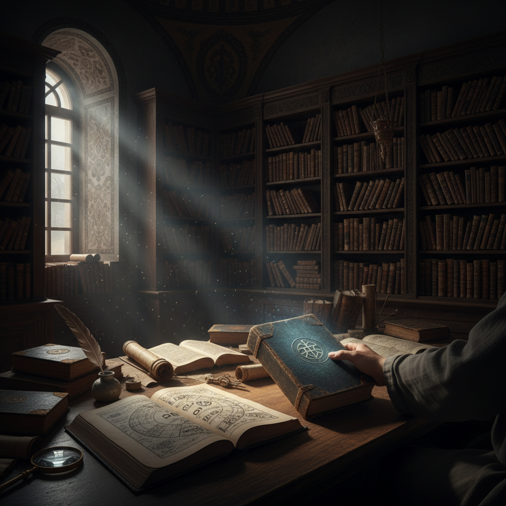 2026'da Ayasofya'da keşfedilmesi beklenen kadim kütüphane sırları ve saklı el yazmalarının gizemli dünyasını gösteren, tarihi ve dini önemi vurgulayan detaylı bir görsel.