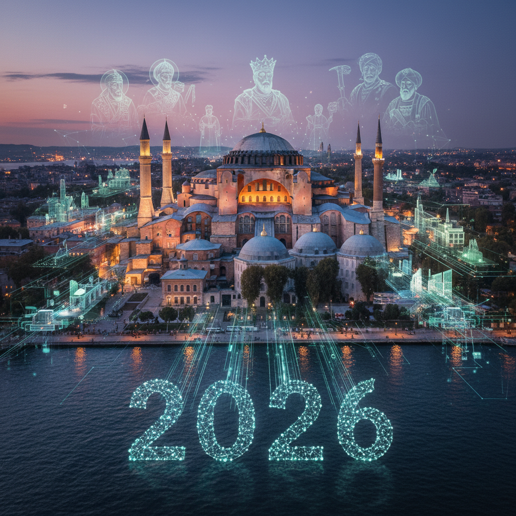 2026 yılına ait Ayasofya seyir defteri, tarihi yolculukları ve modern keşifleri bir araya getiren zengin bir içeriğe sahip. Ciltli kitap, eski gravürlerden ve güncel fotoğraf karelerinden oluşan illüstrasyonlarla dolu. Kapakta Ayasofya'nın görkemli dış cephesi, etrafında ise Fatih Sultan Mehmet dönemine ait gemiler ve çağdaş gezginlerin dijital notları yer alıyor. Kitap, Ayasofya'nın binlerce yıllık geçmişini ve 2026'daki kültürel önemini anlatan bilgilendirici bir rehber sunuyor. İç sayfalarda detaylı haritalar, mimari çizimler ve önemli tarihi olaylara dair notlar bulunuyor. Antik çağlardan günümüze kadar uzanan bu yolculukta, Ayasofya'nın dönüşen kimliği ve farklı medeniyetlere ev sahipliği yapışı vurgulanıyor. Kapak tasarımı, geçmişin ihtişamıyla bugünün moderniteyi harmanlayan bir estetik sunuyor.
