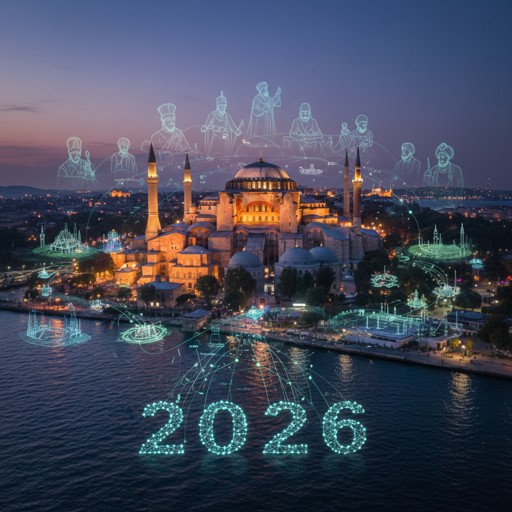 Ayasofya'nın 2026 yılına özel, keşfedilmemiş seyyah rotaları ve tarihi güzelliklerini vurgulayan, unutulmuş güzergahları gösteren detaylı bir harita veya illüstrasyon. Binanın mistik atmosferini ve çevresindeki gizemli yolları betimliyor.