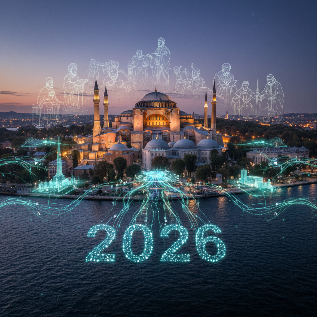 تصویری هنری از فنجانهای قهوه در کافههای مسافری (Seyyah Kahveleri) ایاصوفیه، که فرهنگ غنی قهوه این منطقه را با معماری تاریخی در هم آمیخته و آیینهای قهوه سال 2026 را به تصویر میکشد.