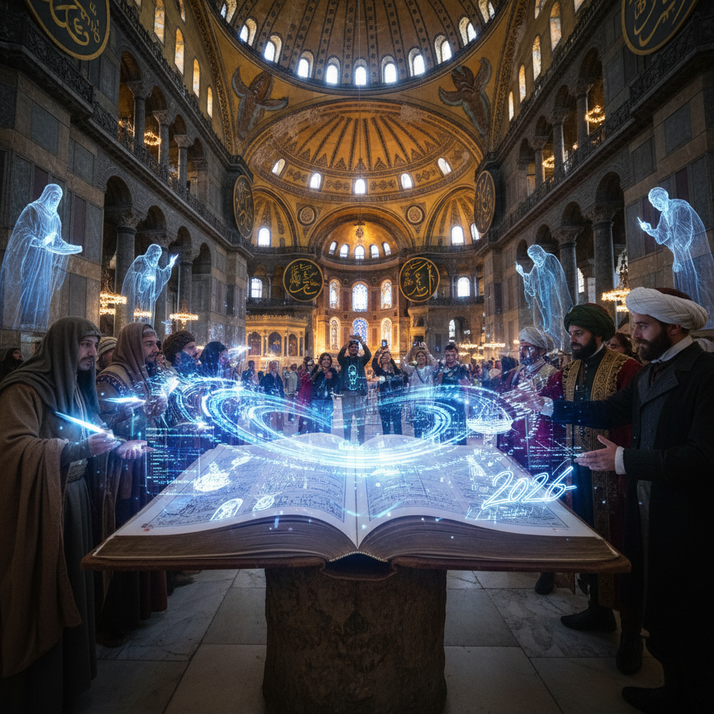 2026 yılında Ayasofya'da geçmişle konuşan duvarları ve ziyaretçi defterlerini gösteren sanatsal bir fotoğraf. Ayasofya seyyah hatıratı 2026.