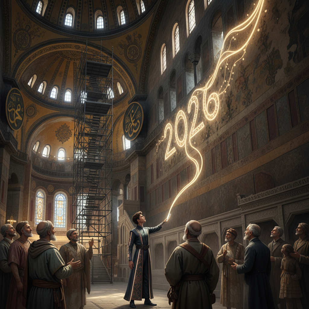 Ornate, aged journal pages with elegant handwriting, partially open to reveal illustrations of Ayasofya (Hagia Sophia) from historical perspectives. Scattered around are vintage travel artifacts like an ancient compass and a quill pen. The image evokes a sense of discovery and personal stories emerging from Ayasofya's past, resonating with the focus keyword 'Ayasofya kişisel hikayeler' and the recent date of 2026.